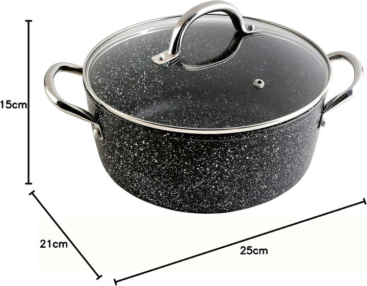 WECOOK! Granite Cazuela Alta Inducción Completa 20cm Tapa Vidrio, Aluminio Forjado 2,2 Litros, Antia