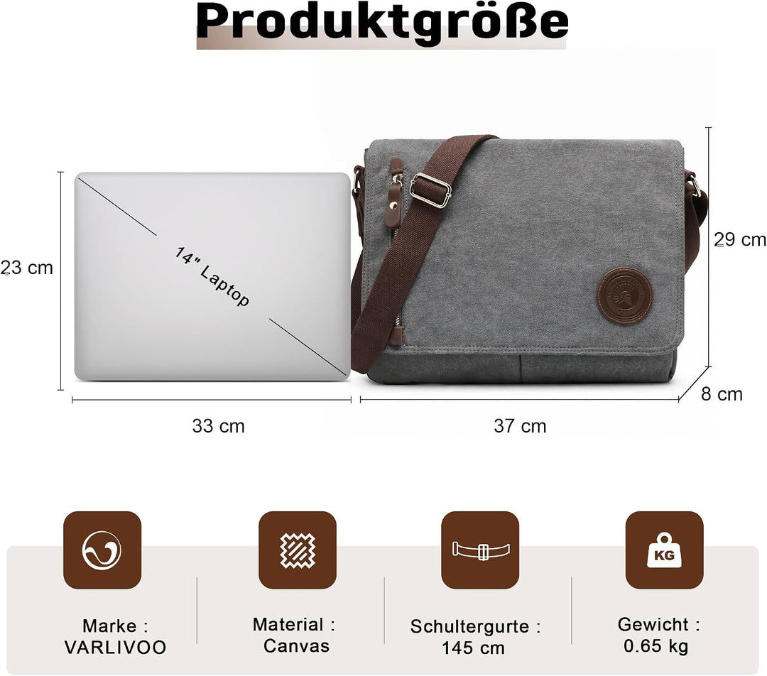 VARLIVOO Umhängetasche für Herren Schultertaschen 14" Zoll Laptoptaschen Messenger Bags Kuriertasche