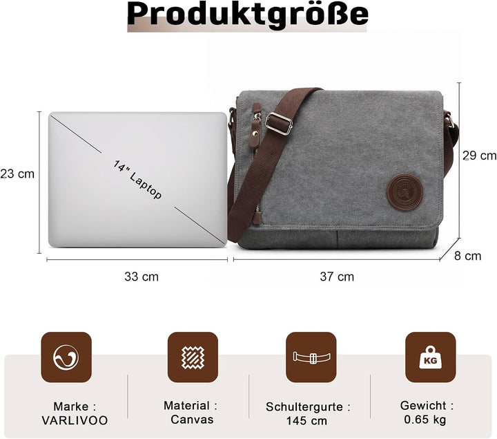 VARLIVOO Umhängetasche für Herren Schultertaschen 14" Zoll Laptoptaschen Messenger Bags Kuriertasche