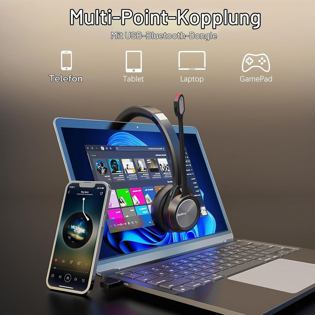 Bluetooth Headset mit Mikrofon Noise Canceling, Wireless Headset mit USB Dongle für PC, 40 Stunden S