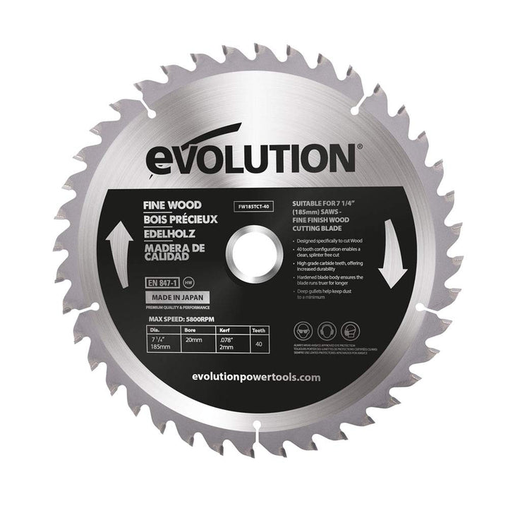 Evolution FW185TCT-40 - 185 mm feines Holzsägeblatt - Hartmetallbestücktes Sägeblatt mit 40 Zähnen l