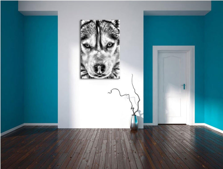 Monocrome, Husky, Format: 100x70 auf Leinwand, XXL riesige Bilder fertig gerahmt mit Keilrahmen, Kun