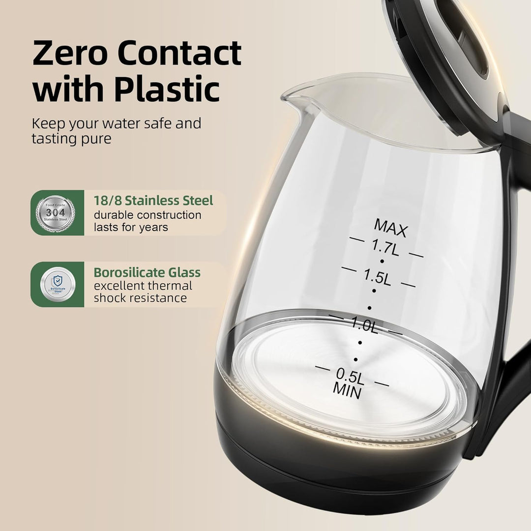 KEINVE Wasserkocher Glas 1,7 Liter, 2200 Watt, LED-Beleuchtung, Verdicktes Borosilikatglas Wasserkoc