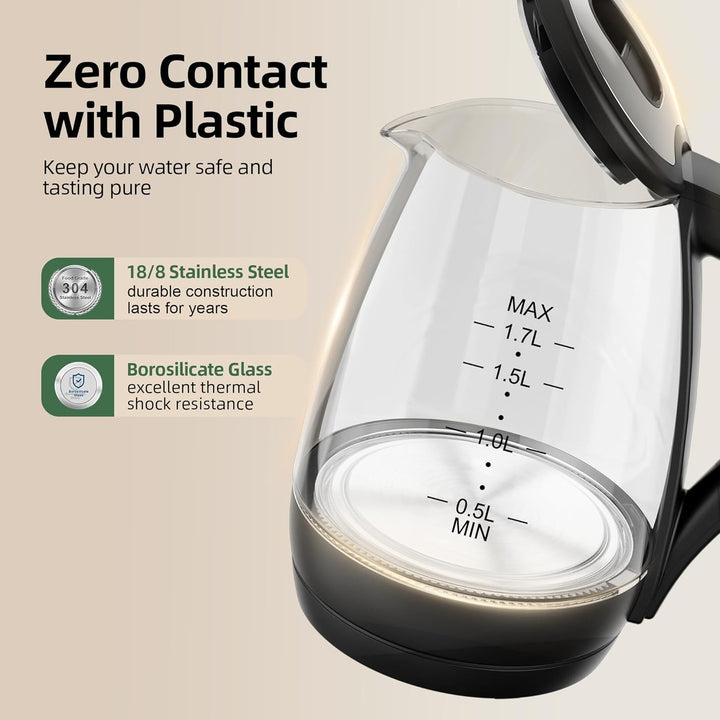 KEINVE Wasserkocher Glas 1,7 Liter, 2200 Watt, LED-Beleuchtung, Verdicktes Borosilikatglas Wasserkoc