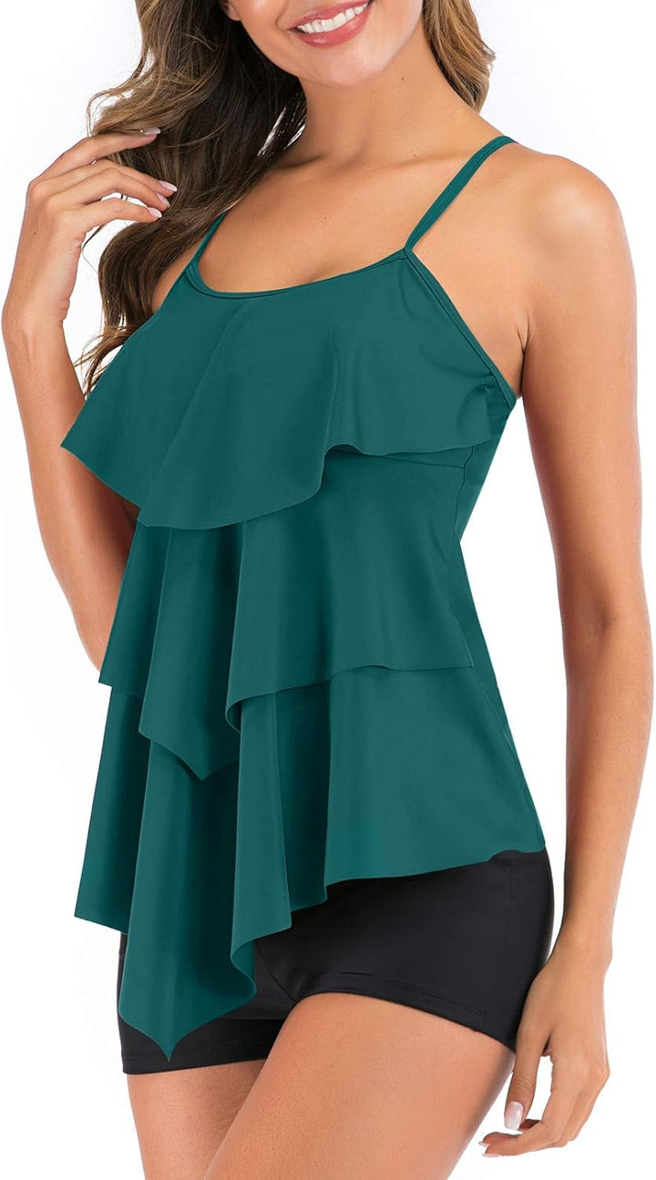 FLYILY Damen Zwei Stücke Tankini Rüschen Volant Geschichtet Bademode mit Boy Legs Shorts Rüschen Gro