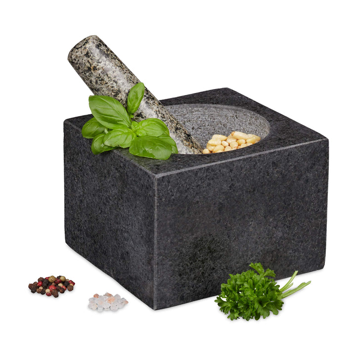Relaxdays Mörser mit Stössel, Granit, poliert, für Gewürze & Kräuter, 500 ml, Steinmörser BxT: 14,5