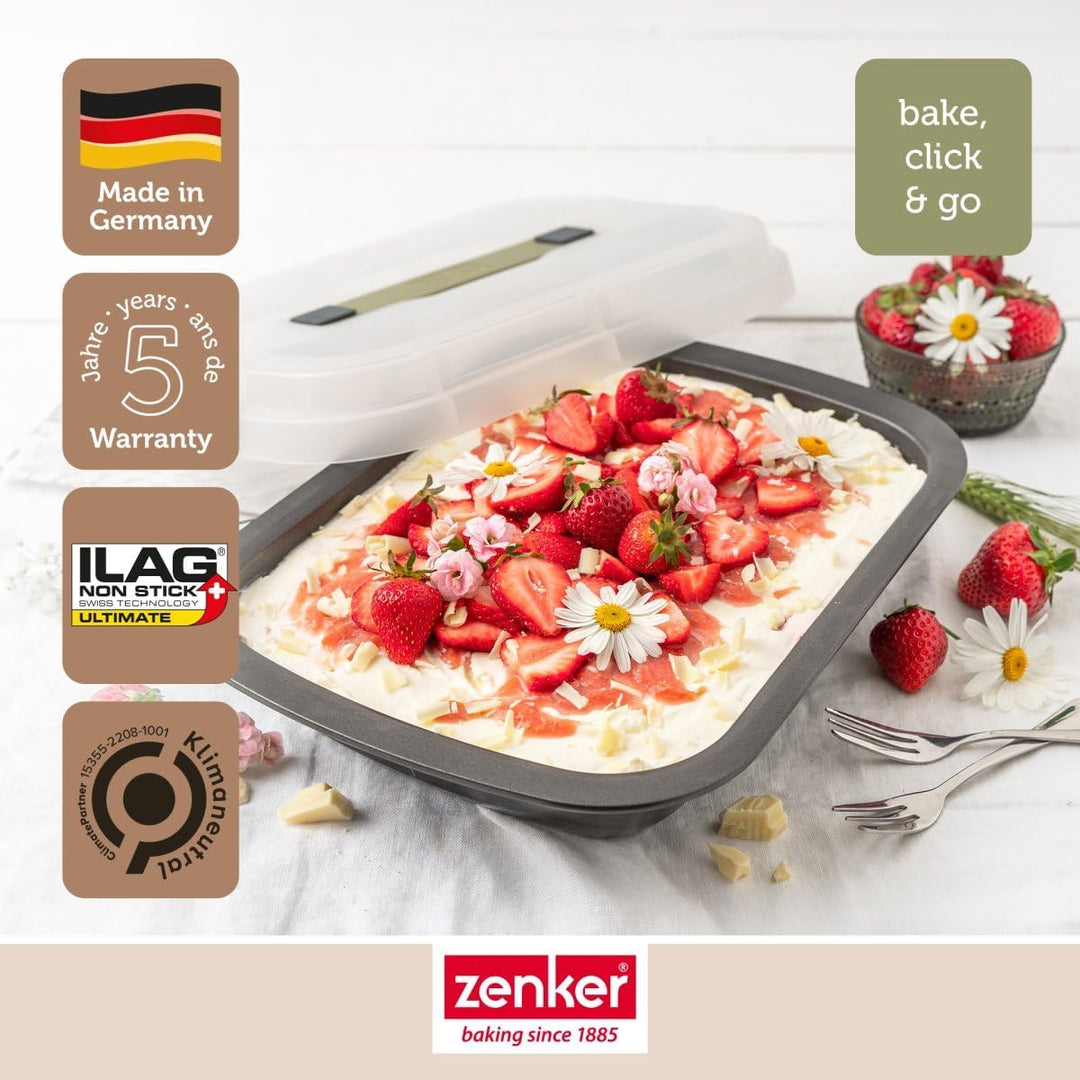 Zenker Bake, Click & Go Dessert- und Auflaufform mit Haube – 34 x 24,5 x 8 cm – Backform mit passend