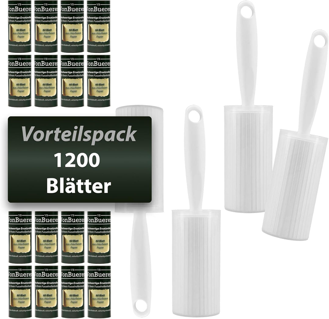 1200 Blatt Fusselrolle Tierhaare VonBueren | 4 Abroller + 4 Hüllen | Fusselrollen für Kleidung | Fus