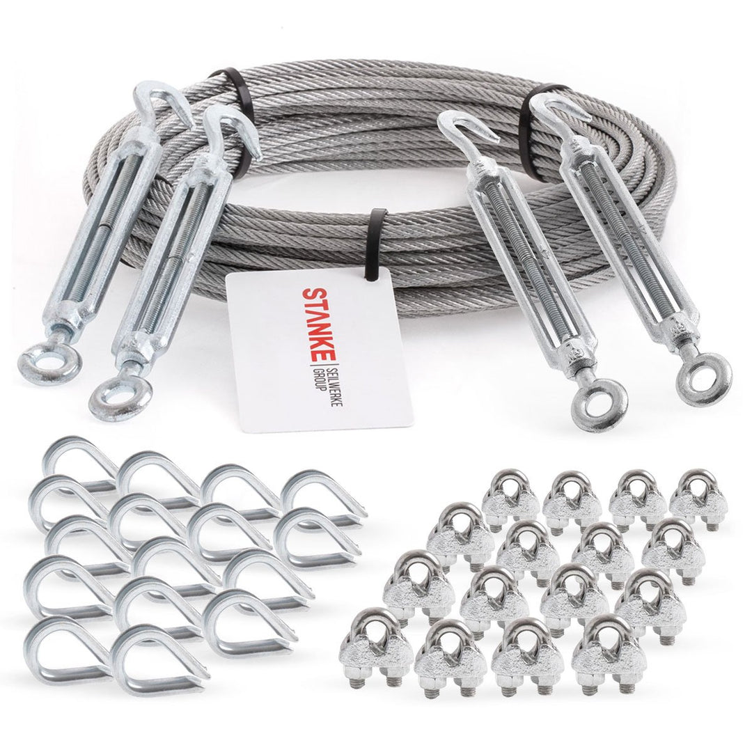 Seilwerk STANKE Rankhilfe Drahtseil verzinkt 10m Stahlseil 4mm 6x7, 4x Spannschloss M6 Haken+Öse, 16
