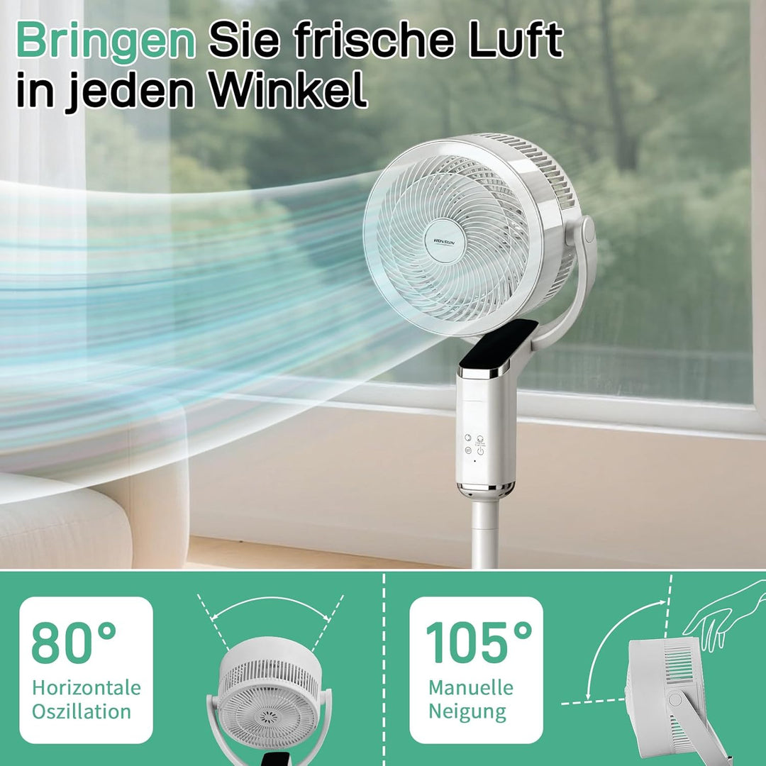 LEADZM Standventilator mit Luftzirkulation, Bodenventilator 80° Horizontale Oszillation, Fernbedienu