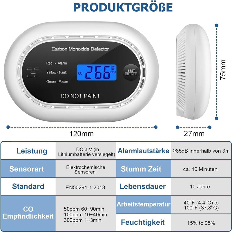 XINDUM Kohlenmonoxid Melder mit LCD-Digitalanzeige, CO Melder mit 10 Jahres Batterie, eigenständiger