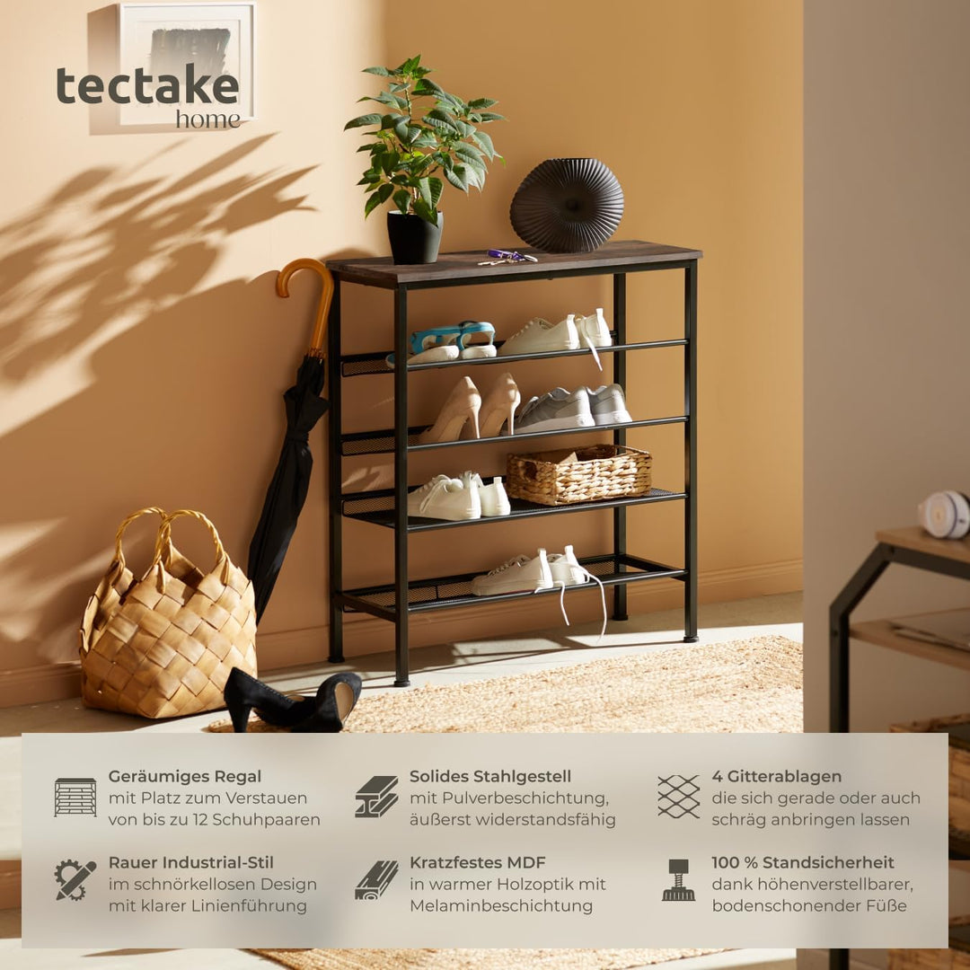 tectake 800948 Schuhregal schmal mit Ablagefläche, Schuhablage aus Holz Metall, Industrie-Design, 5