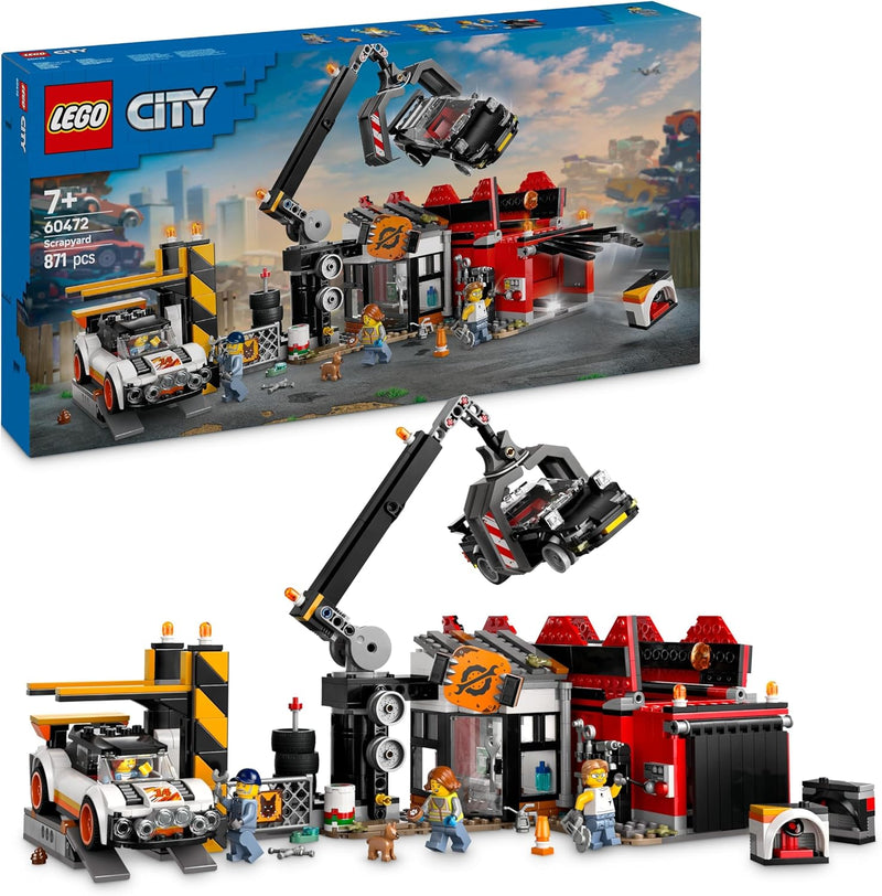 LEGO City Schrottplatz mit Autos - Spielzeug mit Schrottpresse und Kran, 2 Spielzeugautos, 4 Arbeite