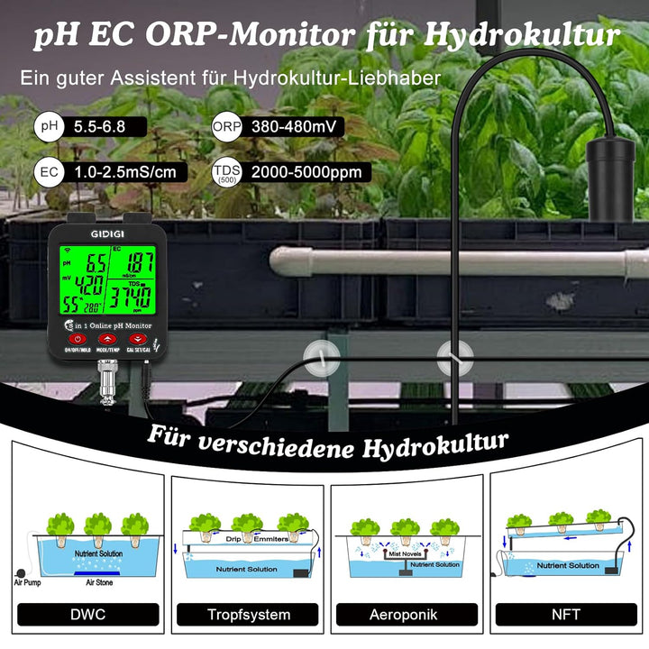 8-in-1 WiFi Water Smart pH/EC/TDS/Salz Messgerät mit ORP, Feuchtigkeits und Temp, Digitaler Hydrokul