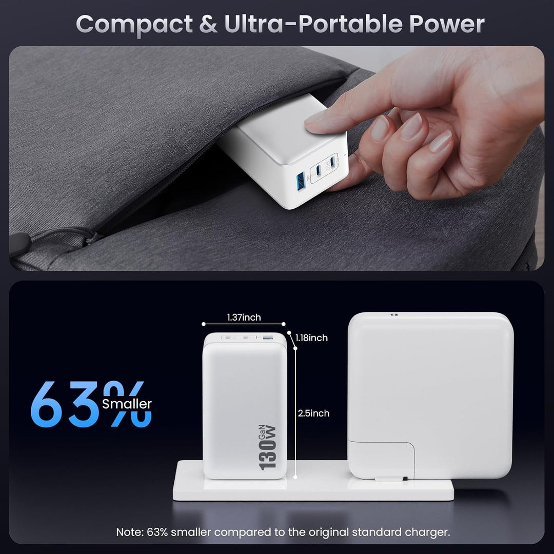 130W USB C Ladegerät, 3-Port GaN IV USB C Netzteil Laptop Ladegerät, 65W PD/PPS/QC Schnellladegerät