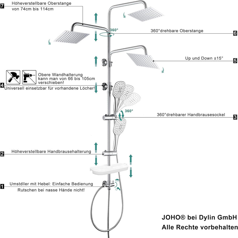 JOHO Edelstahl Duschsystem ohne Armatur Chrom Regendusche Duschset mit Duschgarnitur Ablage(Kopfbrau