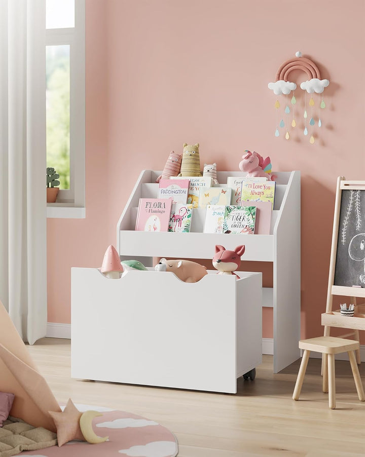 SONGMICS Bücherregal Kinder, Kinderregal, Spielzeugregal, mit 3 Regalebenen, Aufbewahrungsbox auf Ro