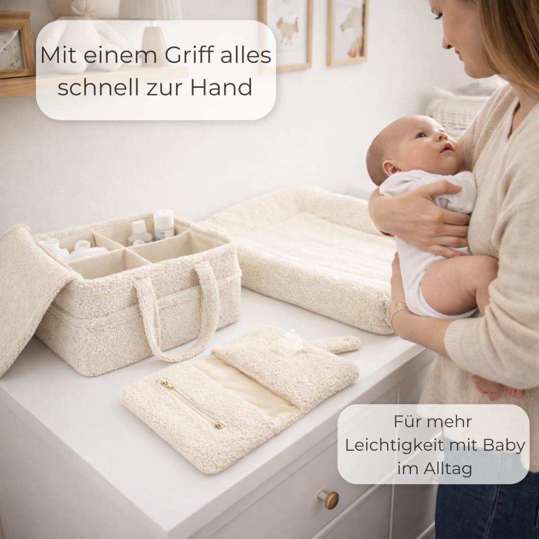 TALIDA Wickelkorb Teddy Set - Wickelorganizer mit Zubehörtasche – Aufbewahrungskorb für Feuchttücher