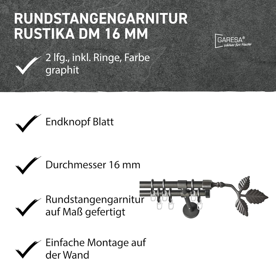 Garesa Gardinenstange Rustika Ø 16mm, 2-läufig, Graphite I Rustikale Vorhangstange aus Metall inkl.