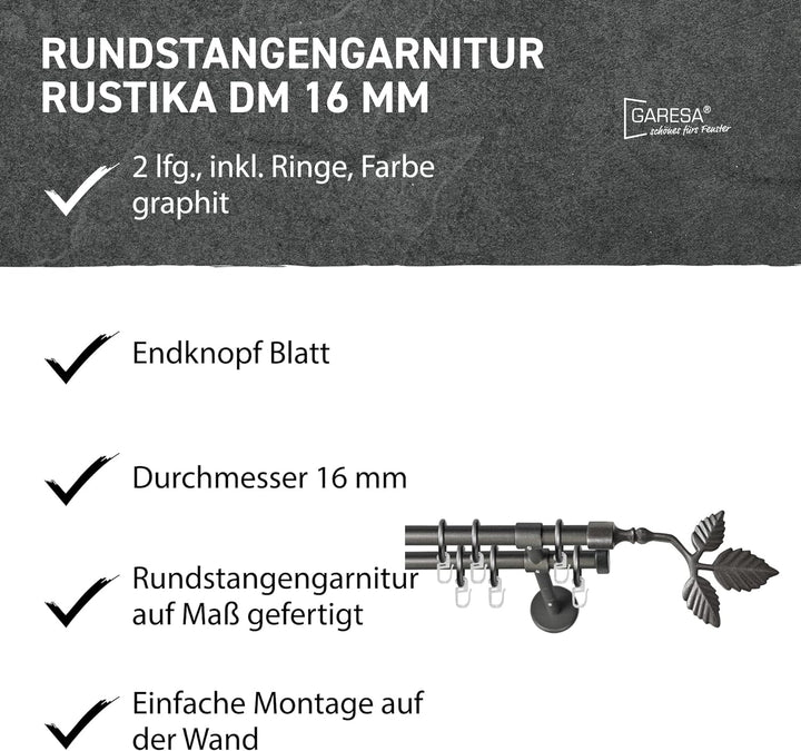 Garesa Gardinenstange Rustika Ø 16mm, 2-läufig, Graphite I Rustikale Vorhangstange aus Metall inkl.