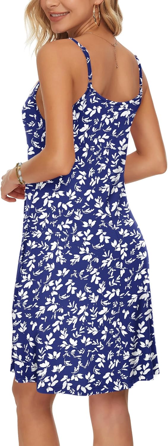 WNEEDU Damen Kleid Sommer Spaghettiträger Sommerkleid Kurze Strandkleider V Ausschnitt Leichte Freiz