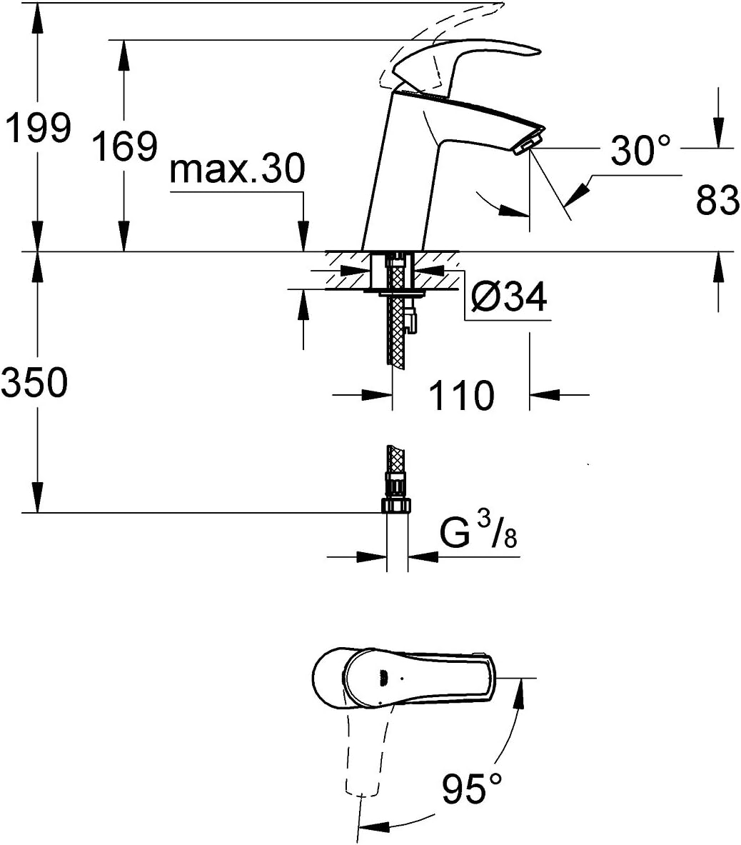GROHE Eurosmart | Badarmatur - Waschtischarmatur | glatter Körper, M-Size | 2339510E, Silber M glatt