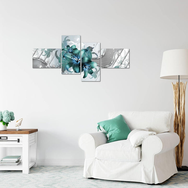 Runa Art Bild Modern Blumen Lilien - Made in Germany - Wandbilder Abstrakt Grau Türkis 4 Teilig 0165