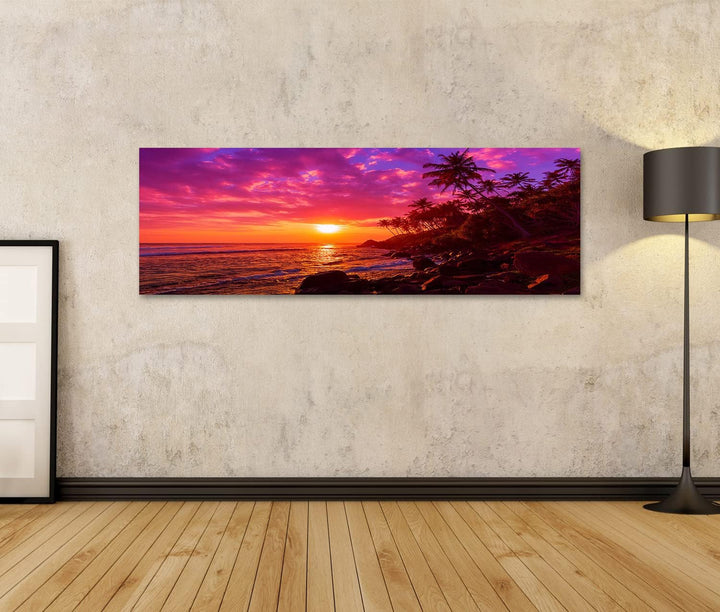 islandburner Bild auf Leinwand Sonnenuntergang Am Tropischen Strand Mit Palmen Silhouetten Bilder Wa
