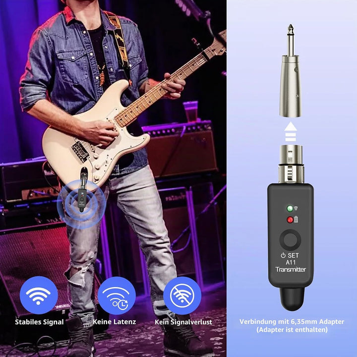 A11 2,4GHz Drahtloses Mikrofon-System – Transmitter &amp; Receiver mit 4 Kanälen, Plug-on XLR-Adapter, g