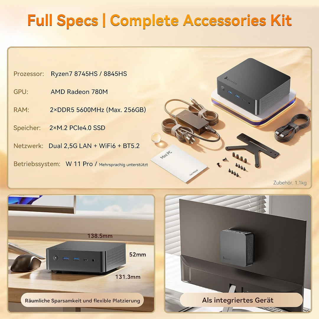 Glorlin Mini PC AMD Ryzen 7 8745HS bis 4.9GHz, Mini Gaming PC 16GB DDR5 1TB M.2 PCIe4.0 SSD, 2X 2.5G
