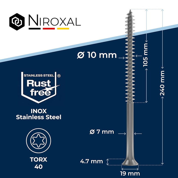 Edelstahl Holzschrauben V2A A2 Senkkopf Torx TX40 – Teilgewinde – 10x240 mm – 10 Stück – Universalsc