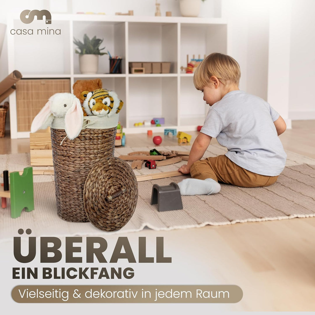 Casa Mina® Wäschesammler mit Deckel D35 x H55cm hoch I Atmungsaktiver Wäschekorb geflochten aus 100%