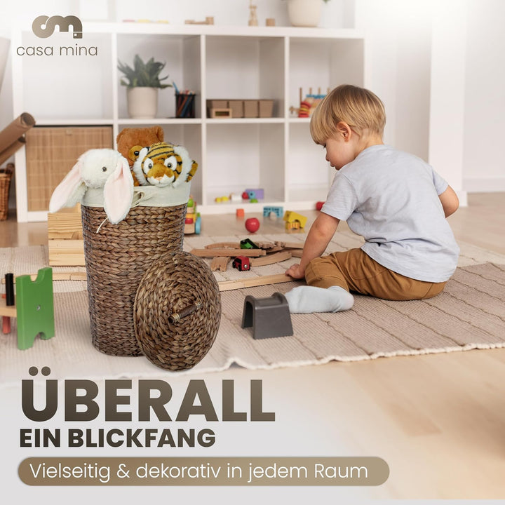 Casa Mina® Wäschesammler mit Deckel D35 x H55cm hoch I Atmungsaktiver Wäschekorb geflochten aus 100%