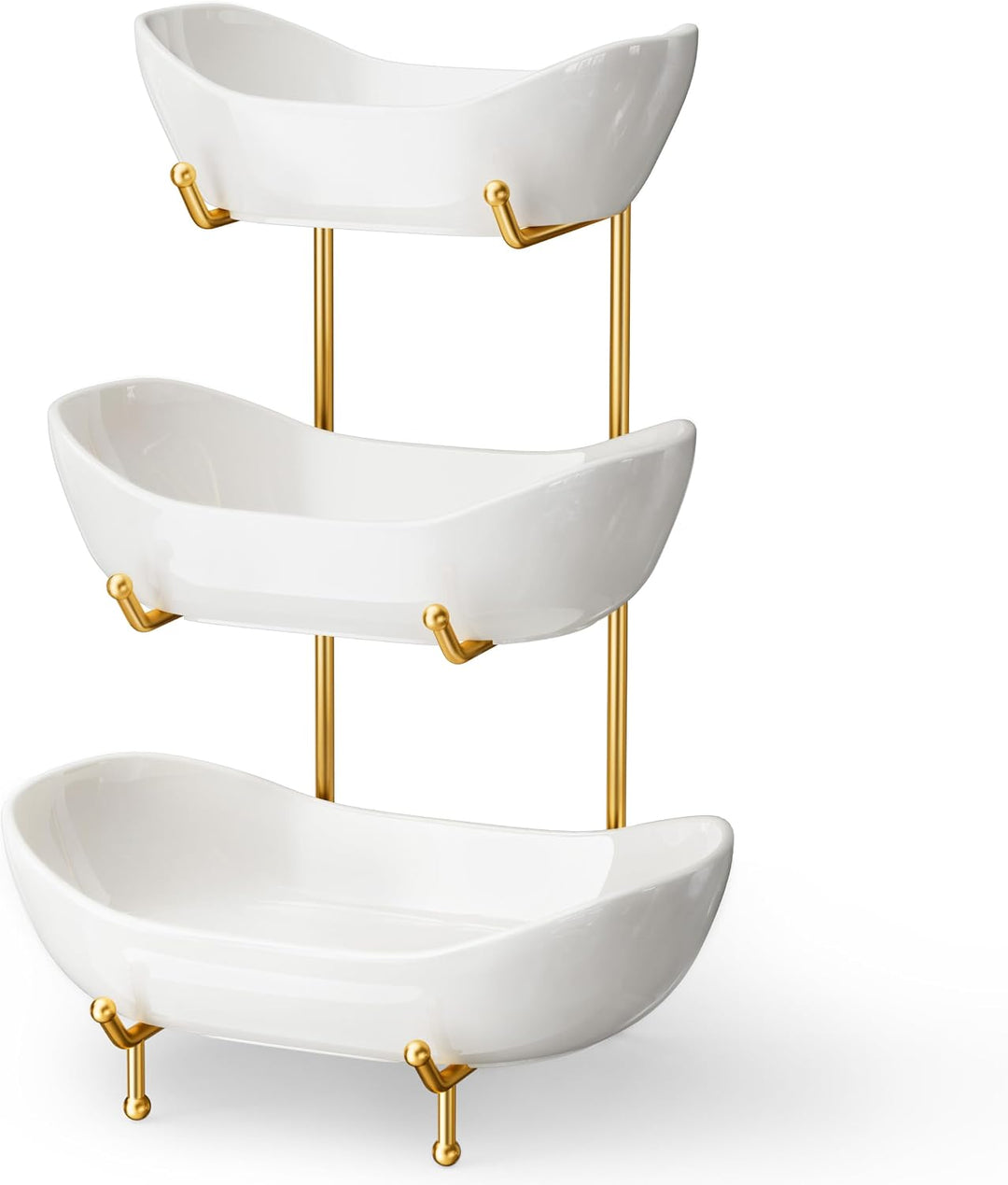 Josmimic Obst Etagere aus Keramik, 3-stufiger Obstkorb mit Metallständer in Gold, Mehrstöckige Obsts