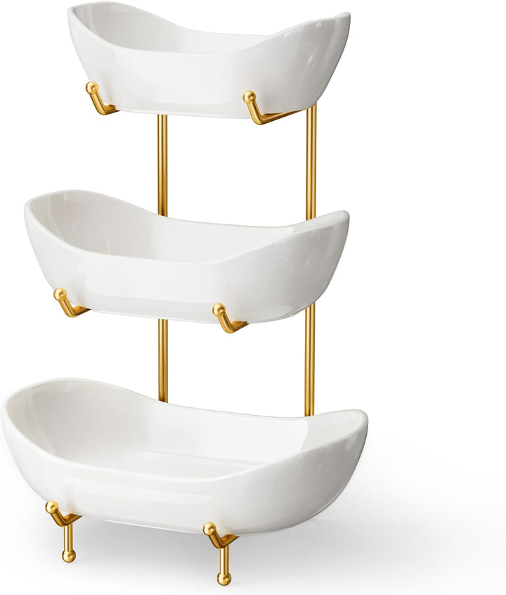 Josmimic Obst Etagere aus Keramik, 3-stufiger Obstkorb mit Metallständer in Gold, Mehrstöckige Obsts