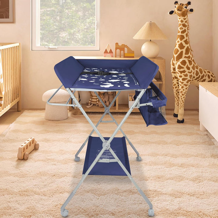 OHMG Baby Wickelkombi Klappbare Wickelkommode,Wickeltisch mit Rollen,Mobiler Wickeltisch mit Wickela