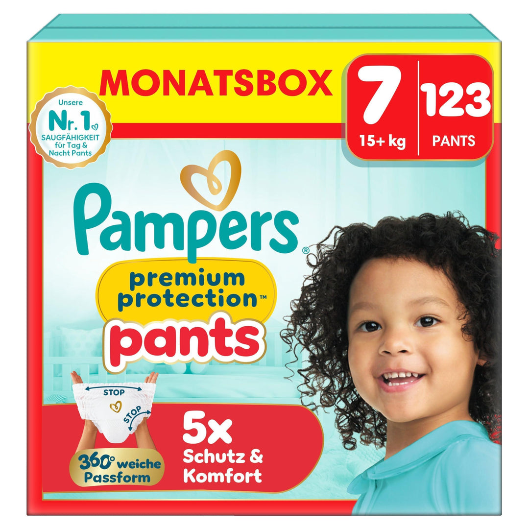 Pampers Premium Protection Pants Grösse 7, 123 Windeln, 15kg+, mit 360° Passform und weichen Anti-Au