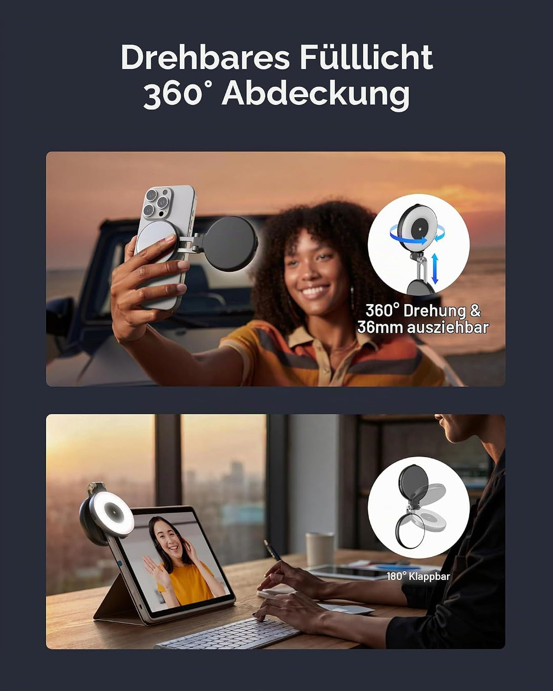 TELESIN C03 Magnetische Selfie-Licht, Handy-Licht kompatibel mit Magsafe, CRI97 360° LED Selfie Ring