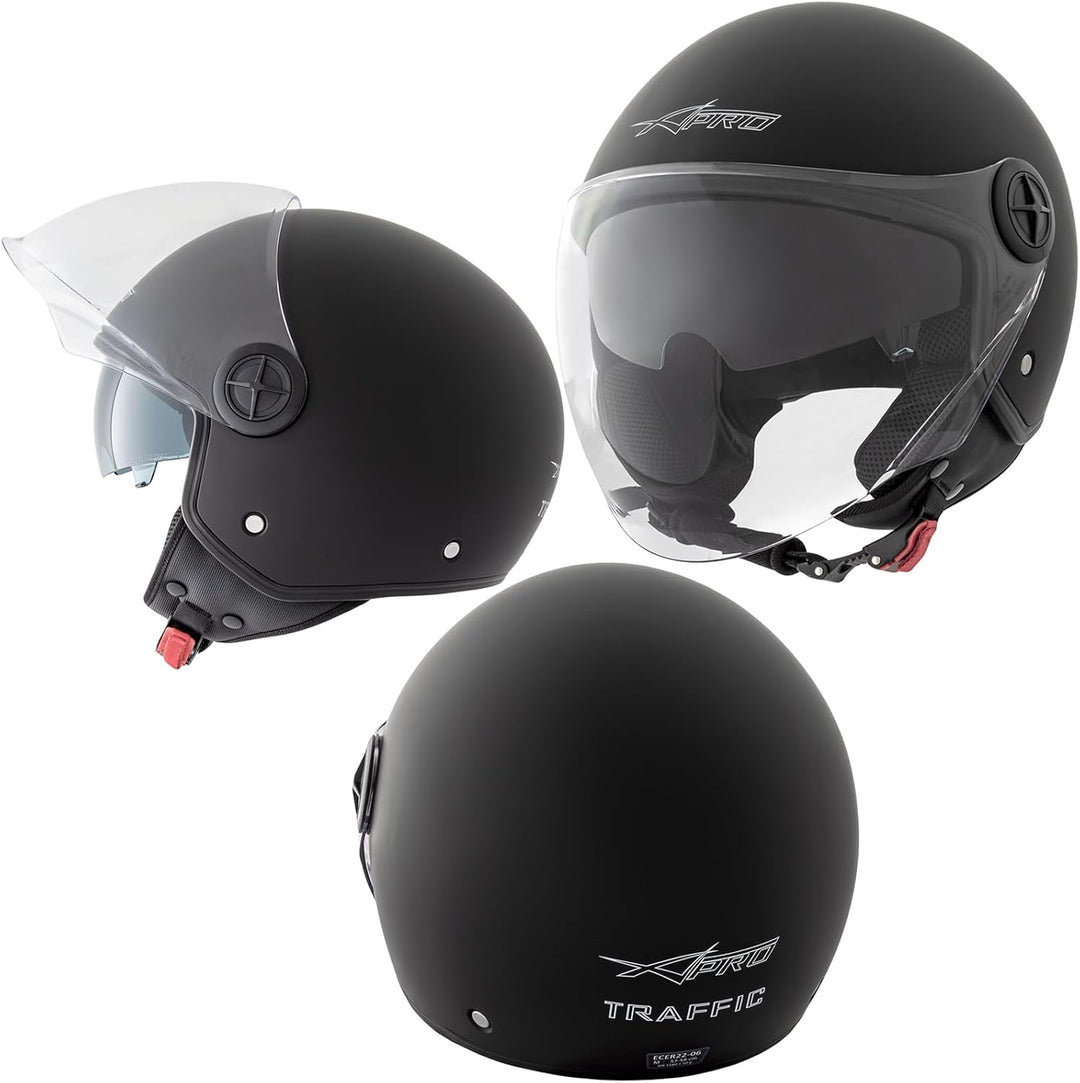 A-Pro Motorradhelm Motorrad Roller Jet Helm Innensonnenblende Viser Schwarz Matt XS, 53-54 cm ( XS)