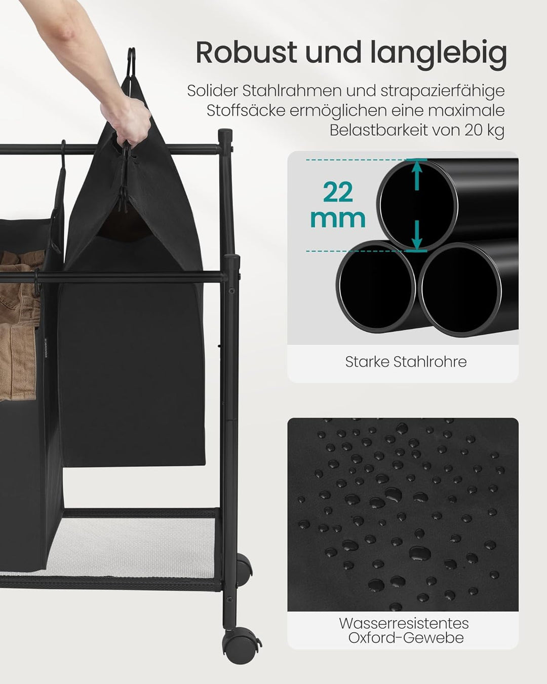 SONGMICS Wäschekorb, Wäschesammler, Wäschesortierer mit 4 abnehmbaren Stofftaschen, Rollen, Aufbewah