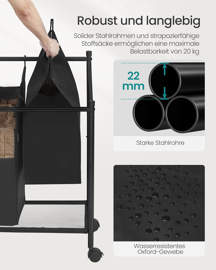 SONGMICS Wäschekorb, Wäschesammler, Wäschesortierer mit 4 abnehmbaren Stofftaschen, Rollen, Aufbewah