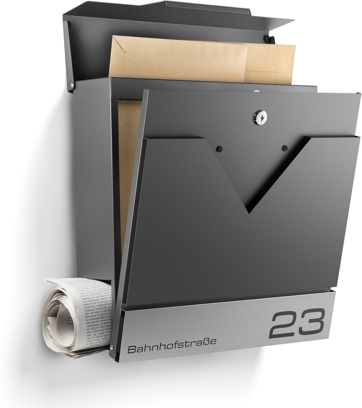 Moderner Briefkasten Personalisierbar Venedig Anthrazit RAL7016 - mit Zeitungsfach - Wandbriefkasten