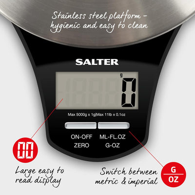 Salter 1035 SSBKDR digitale Küchenwaage - runde Edelstahlplattform, präzise Masse, max 5 kg, LCD-Dis