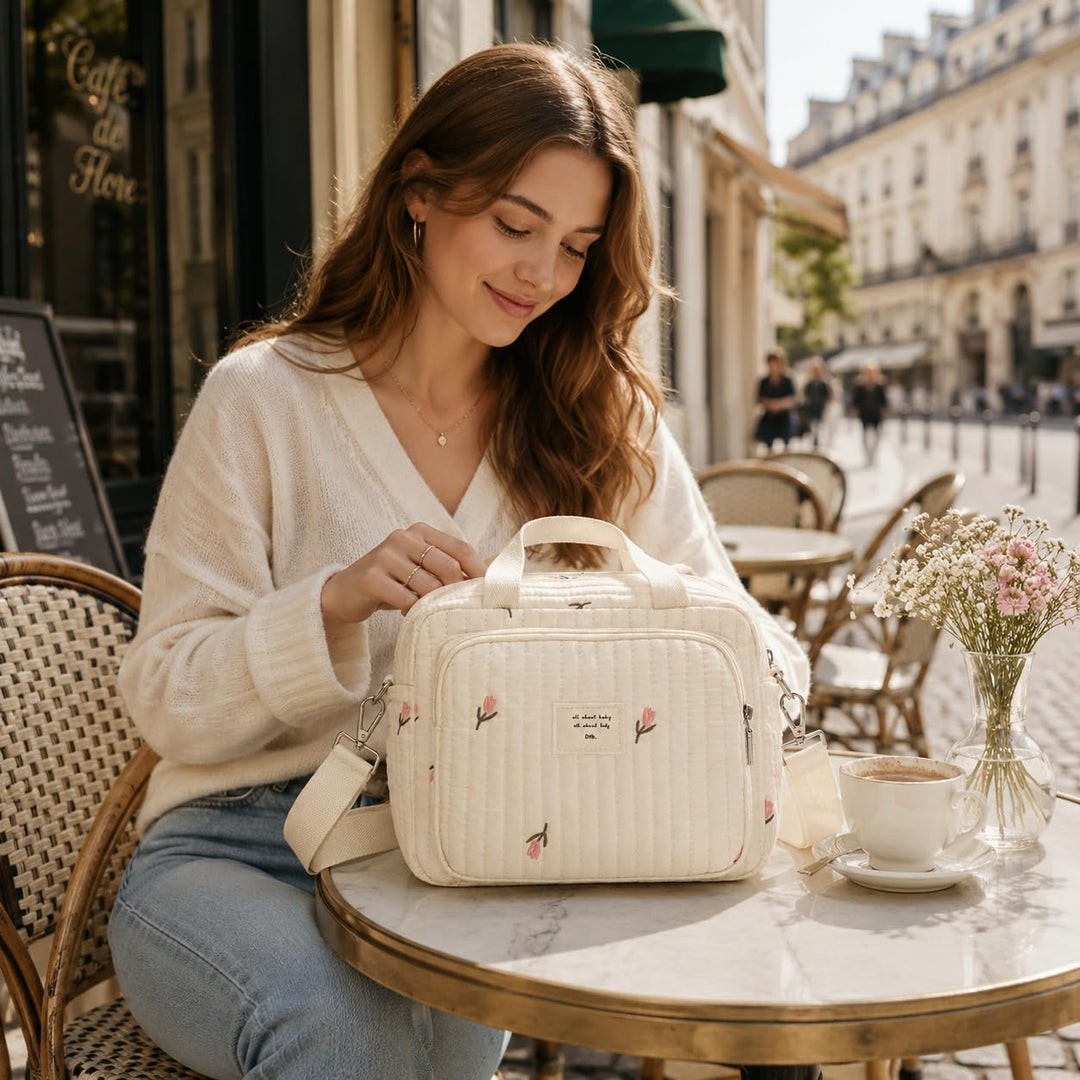 Wickeltasche, Mommy Bag Blumen, Kleine Gesteppte Tasche mit bestickten Blumenmotiven, Tragegriffen u