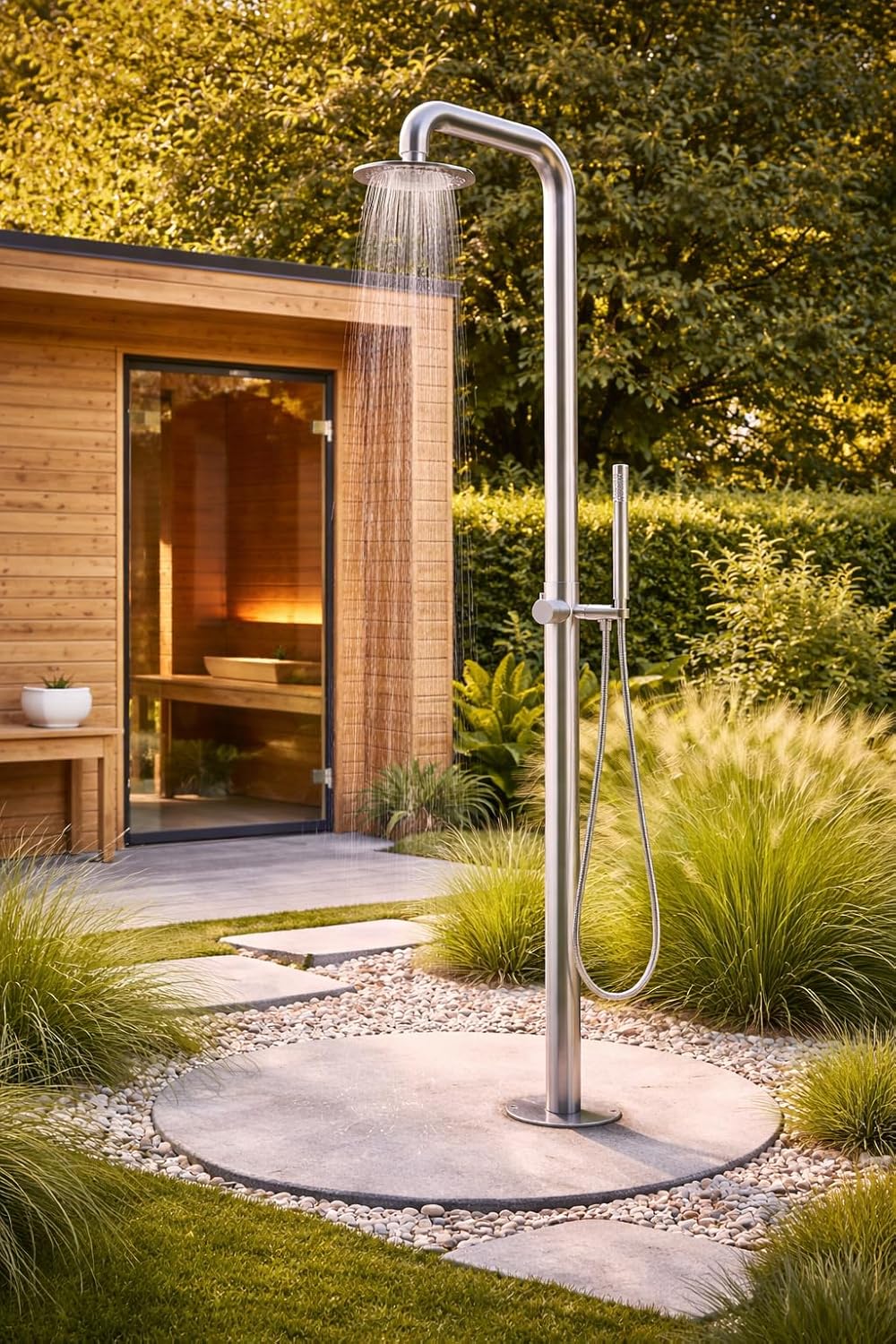 Edelstahl Gartendusche Premium Sensation 220 cm Outdoor Dusche mit Regenduschkopf Ø20 cm & Handbraus
