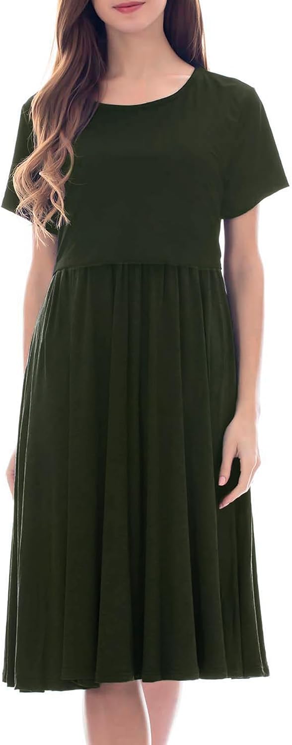 Smallshow Damen Lässiges Kurzarm Stillkleid Umstandskleid für Stillen Armeegrün(solide) M, Armeegrün