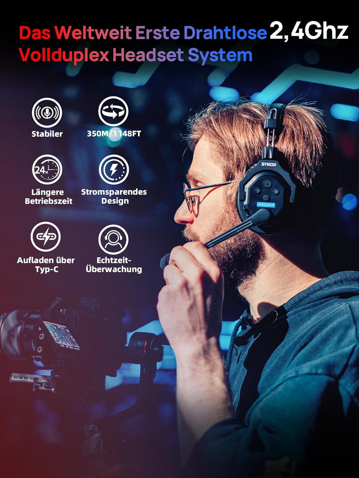 SYNCO Wireless Intercom Headset, XTALK X5 2.4GHz Vollduplex Kabelloses Kommunikationssystem 24H 350M
