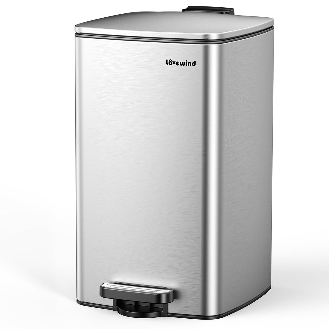 lovewind Küchenabfalleimer, 30L Silber Mülleimer Küche aus Edelstahl mit Pedal, mit Deckel und Innen