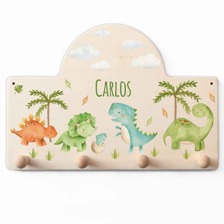 GRAVURZEILE Personalisierte Kindergarderobe - Dino - Personalisiert mit Name - Garderobe aus Holz mi