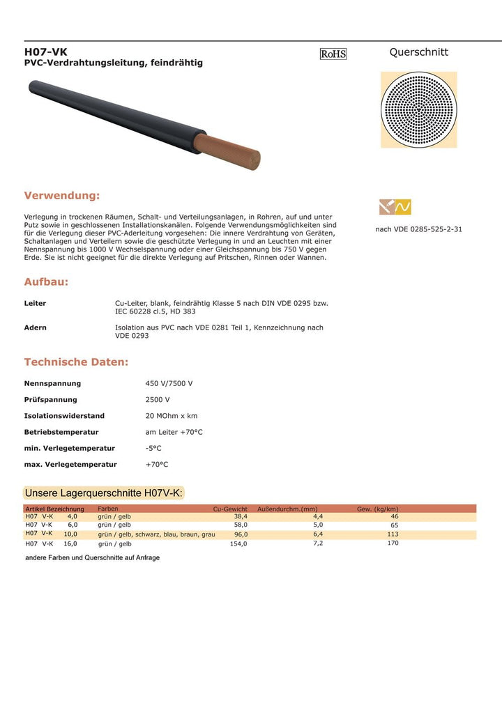 Erdungskabel 6mm² - Grün/Gelb - H07V-K - Erdungsleitung Aderleitung feindrähtig flexibel (5-100m) in
